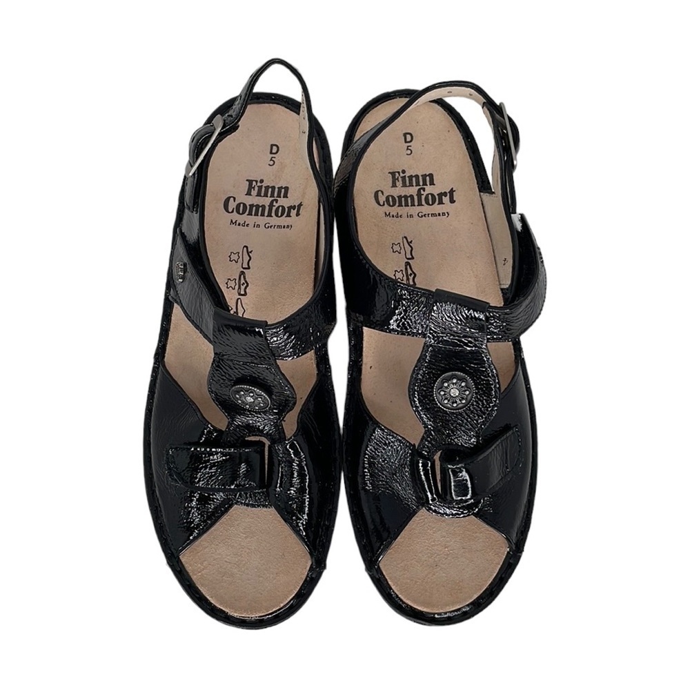 FINN COMFORT Sandals NWOT ADANA Patent Black Leather Wedge Heels Open Toe US 7.5